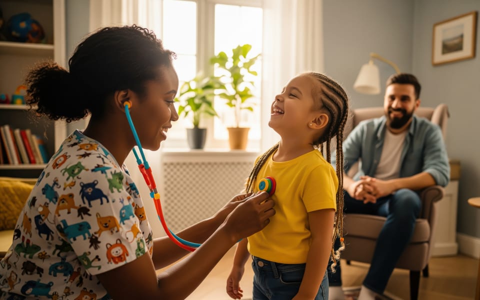 Pediatric caregiver gently engaging with a child in a home setting