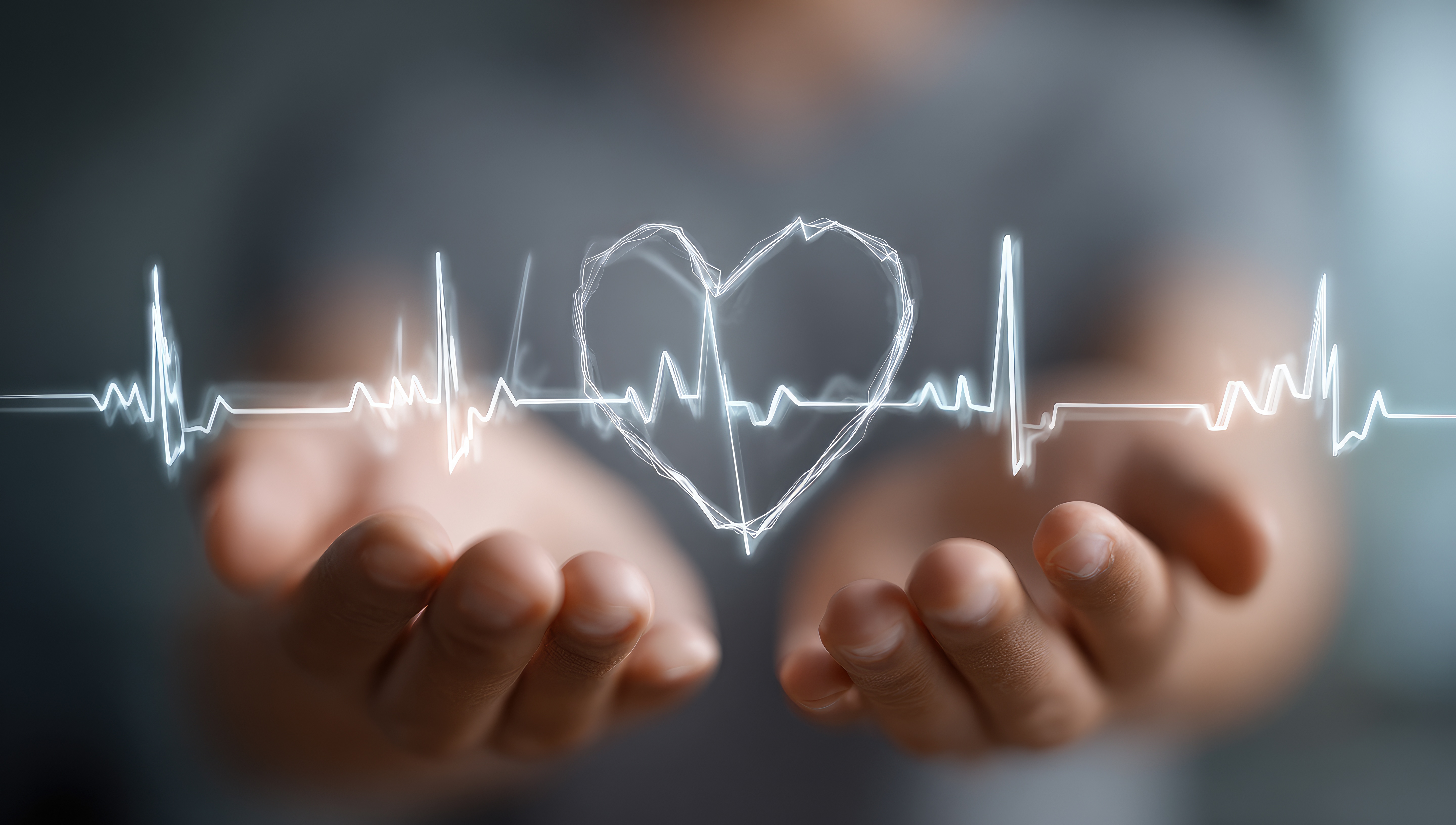 Hands gently cupped beneath a glowing heartbeat line and heart shape, symbolizing compassionate care.